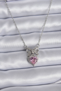 316L Çelik Gümüş Renk Zincir Pembe Kristal Kalp Zirkon Taşlı Kurdele Model Kadın Kolye