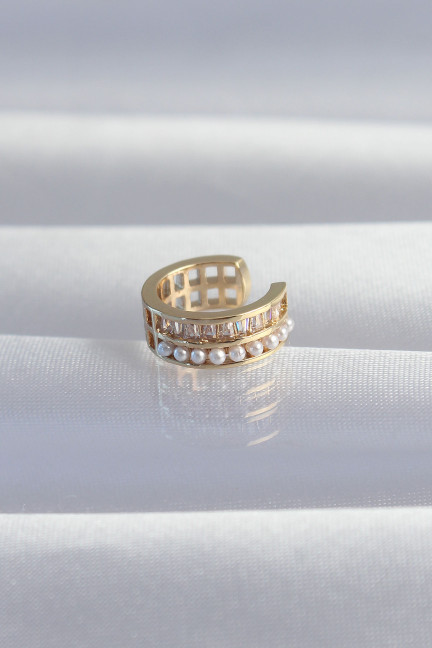 Pirinç Gold Renk İncili Baget Taşlı Earcuff Küpe Pirinç Gold Renk İncili Baget Taşlı Earcuff Küpe