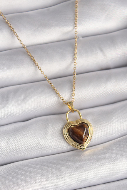 316L Çelik Gold Renk Zincir Kilit Kalp Kehribar Boncuk Model Kadın Kolye 316L Çelik Gold Renk Zincir Kilit Kalp Kehribar Boncuk Model Kadın Kolye