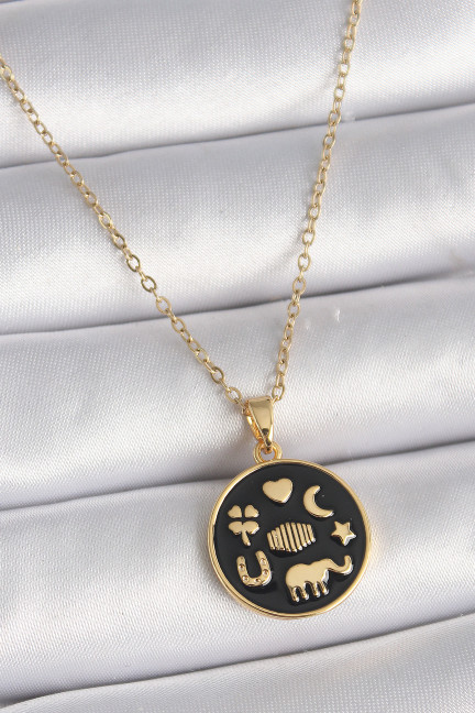 316L Çelik Gold Renk Siyah Şans Kolyesi 316L Çelik Gold Renk Siyah Şans Kolyesi