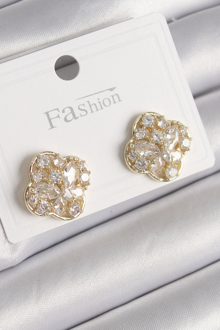 Pirinç Gold Renk Zirkon Taşlı Yonca Model Kadın Küpe Pirinç Gold Renk Zirkon Taşlı Yonca Model Kadın Küpe