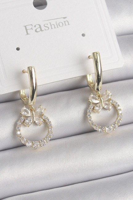 Pirinç Gold Renk Zirkon Taşlı Kelebek Figür Sallantı Model Kadın Küpe Pirinç Gold Renk Zirkon Taşlı Kelebek Figür Sallantı Model Kadın Küpe