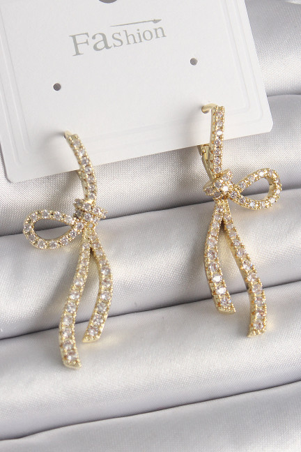 Pirinç Gold Renk Zirkon Taşlı Kurdele Model Kadın Küpe Pirinç Gold Renk Zirkon Taşlı Kurdele Model Kadın Küpe