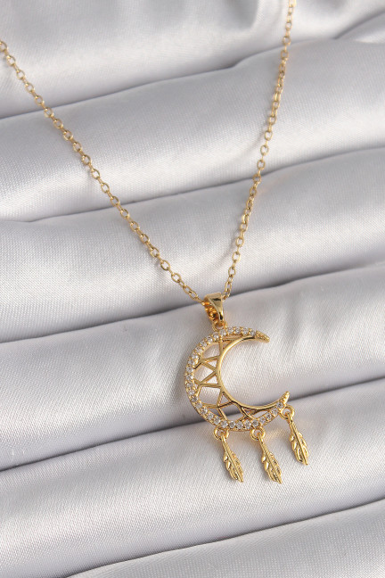 316L Çelik Gold Renk Zincir Zirkon Taşlı Hilal Model Sallantı Yaprak Detay Kadın Kolye 316L Çelik Gold Renk Zincir Zirkon Taşlı Hilal Model Sallantı Yaprak Detay Kadın Kolye