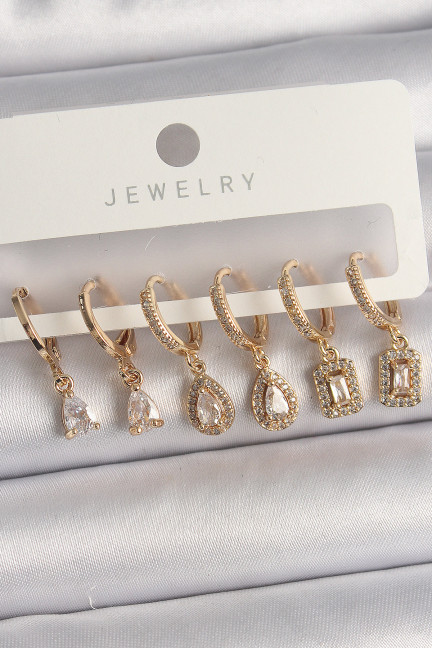 Pirinç Gold Renk Sallantı Zirkon Taşı Damla Model Kadın Küpe Seti Pirinç Gold Renk Sallantı Zirkon Taşı Damla Model Kadın Küpe Seti