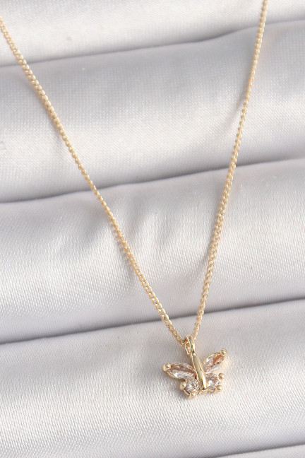 Pirinç Gold Renk Zirkon Taşlı Kelebek Model Kadın Kolye