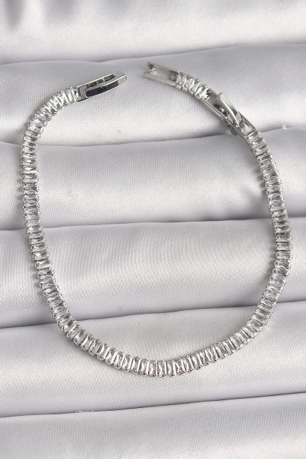 Pirinç Gümüş Renk Zirkon Taşlı Su Yolu Model Kadın Bileklik