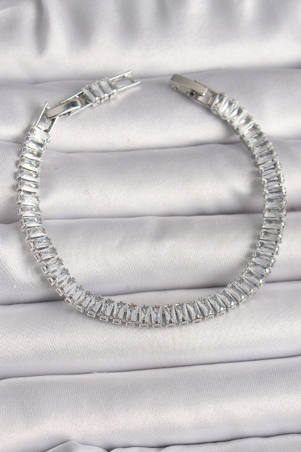 Pirinç Gümüş Renk Zirkon Taşlı Su Yolu Model Kadın Bileklik