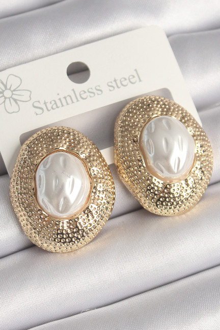 Pirinç Gold Renk İncili İşlemeli Daire Model Kadın Küpe Pirinç Gold Renk İncili İşlemeli Daire Model Kadın Küpe