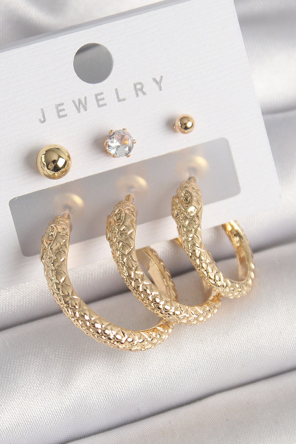 Pirinç Gold Renk Zirkon Taşlı Topçuk Detay Yılan Halka Model Kadın Küpe Seti Pirinç Gold Renk Zirkon Taşlı Topçuk Detay Yılan Halka Model Kadın Küpe Seti