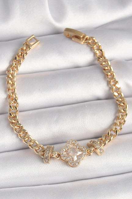 Pirinç Gold Renk Zirkon Taşlı Yonca Figür Zincir Model Kadın Bileklik Pirinç Gold Renk Zirkon Taşlı Yonca Figür Zincir Model Kadın Bileklik