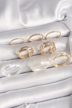 Pirinç Gold Renk Beyaz Akrilik Plastik Modek Kutup Yıldız İşleme Detay Kadın Yüzük Kombini