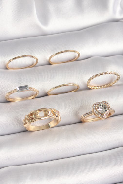 Pirinç Gold Renk Zirkon Taşlı Kalp Figür Düğüm Detay Kadın Yüzük Kombini