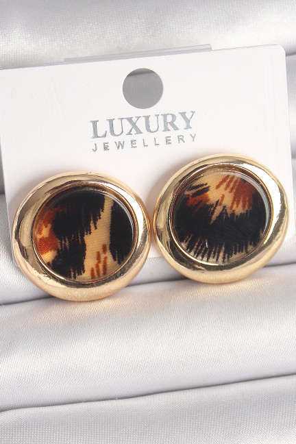 Pirinç Gold Renk Leopar Desen Daire Model Kadın Küpe Pirinç Gold Renk Leopar Desen Daire Model Kadın Küpe