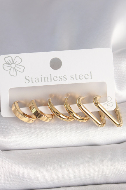 316L Çelik Gold Renk Üçgen Halka Model Kadın Küpe Seti