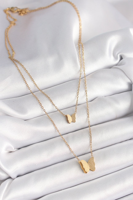 316L Çelik Gold Renk 2'Li Simli Kelebek Model Kadın Kolye