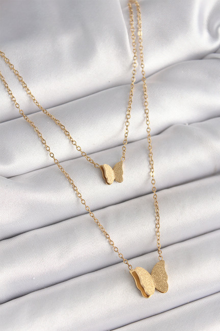 316L Çelik Gold Renk 2'Li Simli Kelebek Model Kadın Kolye