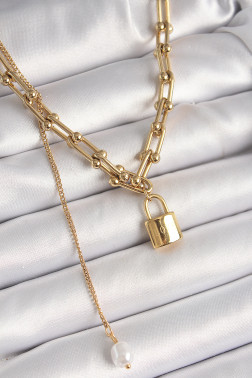 316L Çelik Gold Renk Tifany Zincir Model Kilit Figür Sallantı İnci Detay Kadın Kolye