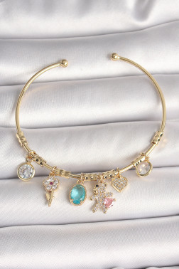 Pirinç Gold Renk Sallantı Zirkon Taşlı AYıcık Figür Kalp Detay Charm Kadın Bileklik