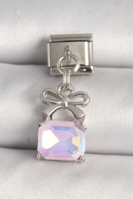 316L Çelik Gümüş Renk Pembe Zirkon Taşlı Çanta Model Nomination Charm