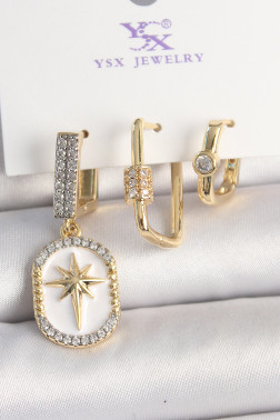 Pirinç Gold Renk Sallantı Zirkon Taş İşlmeli Yıldız Portre Model 3'Lü Kadın Kombin Küpe