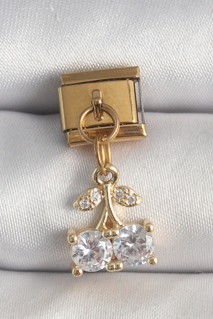 316L Çelik Gold Renk Sallantı Zirkon Taşlı Kiraz Model Nomination Charm 316L Çelik Gold Renk Sallantı Zirkon Taşlı Kiraz Model Nomination Charm