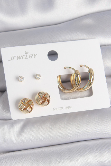 Pirinç Gold Renk Zirkon Taşlı Halka Model Burgu Detay 3 Çift Kadın Küpe Seti