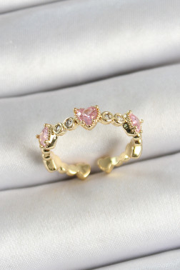 Pirinç Sıralı Kalp Figürlü Zirkon Taşlı Gold Renk Ayarlanabilir Kadın Yüzük