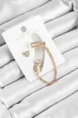 Pirinç Üçgen Figürlü Zirkon Taşlı Gold Renk 3'lü Kıkırdak Kadın Küpe Set