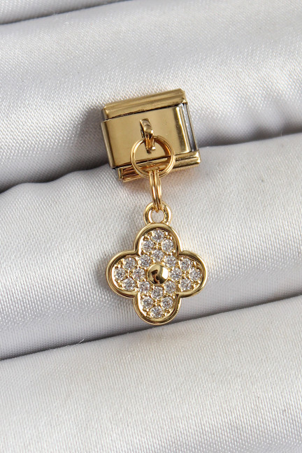 316L Çelik Sallantılı Zirkon Taşlı Yonca Model Gold Renk Nomination Charm 316L Çelik Sallantılı Zirkon Taşlı Yonca Model Gold Renk Nomination Charm