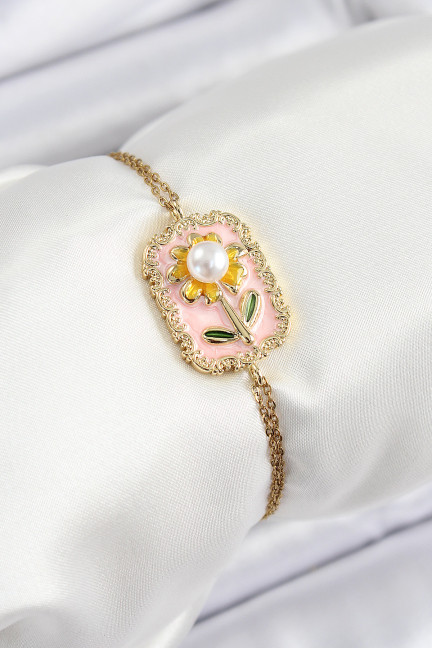 316L Çelik Zincir Pembe Mineli Sanatsal Portre İnci Detaylı Papatya Model Gold Renk Kadın Bileklik 316L Çelik Zincir Pembe Mineli Sanatsal Portre İnci Detaylı Papatya Model Gold Renk Kadın Bileklik