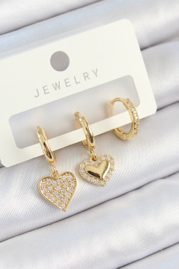 Pirinç Zirkon Taşlı Sallantılı Kalp Model Gold Renk 3'lü Çift Kadın Küpe Set