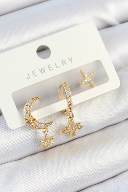 Pirinç Zirkon Taşlı Çiçek Ve Ay Model Gold Renk 3'lü Çift Kadın Küpe Set Pirinç Zirkon Taşlı Çiçek Ve Ay Model Gold Renk 3'lü Çift Kadın Küpe Set
