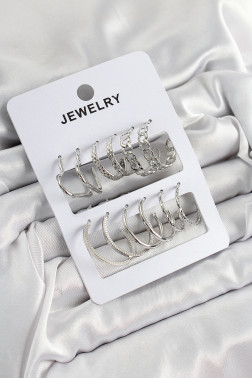 Pirinç Karışık Halka Model Gümüş Renk 6 Çift Kadın Küpe Set