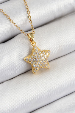 316L Çelik Zirkon Taşlı Yıldız Model Gold Renk Kadın Kolye