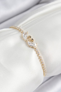 Pirinç Zirkon Taşlı Kuğu Model Gold Renk Asansörlü Kadın Bileklik
