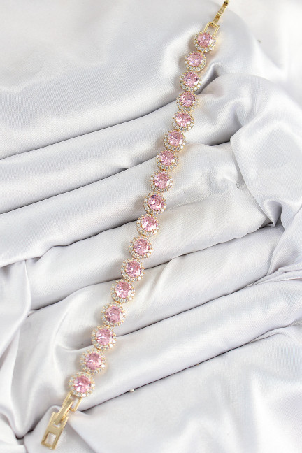 Pirinç Pembe Zirkon Taşlı Daire Baget Model Gold Renk VIP Seri Kadın Bileklik Pirinç Pembe Zirkon Taşlı Daire Baget Model Gold Renk VIP Seri Kadın Bileklik