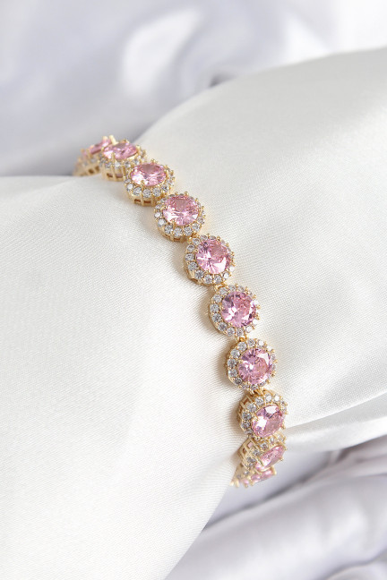 Pirinç Pembe Zirkon Taşlı Daire Baget Model Gold Renk VIP Seri Kadın Bileklik Pirinç Pembe Zirkon Taşlı Daire Baget Model Gold Renk VIP Seri Kadın Bileklik