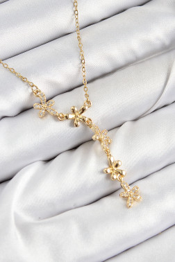 316L Çelik Zirkon Taşlı Çiçek Model Gold Renk Kadın Kolye