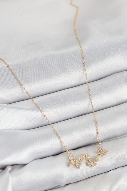 Pirinç Zirkon Taşlı Kelebek Model Gold Renk Kadın Kolye