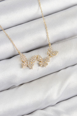 Pirinç Zirkon Taşlı Kelebek Model Gold Renk Kadın Kolye