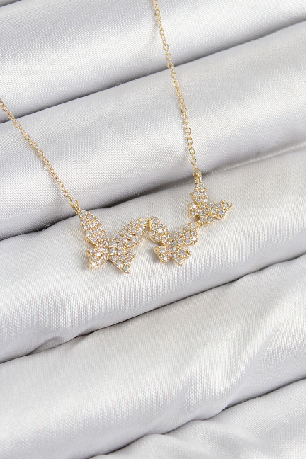 Pirinç Zirkon Taşlı Kelebek Model Gold Renk Kadın Kolye