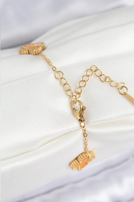 316L Çelik Sedefli Turuncu Gold Renk Yonca Kadın Bileklik