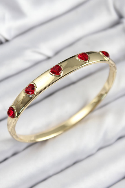 Pirinç Zirkon Taşlı Kırmızı Kalp Model Gold Renk Kadın Kelepçe Pirinç Zirkon Taşlı Kırmızı Kalp Model Gold Renk Kadın Kelepçe
