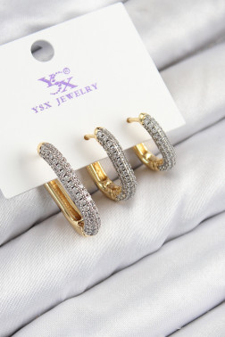 Pirinç Zirkon Taşlı 3'lü Oval Dikdörtgen Model Gold Ve Gümüş Renk Kadın Küpe