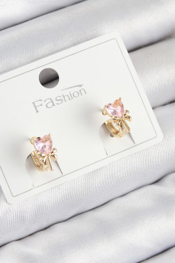 Pirinç Zirkon Taşlı Fiyonklu Kalp Model Gold Renk Çocuk Küpe