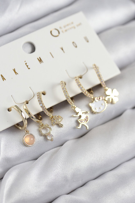 Pirinç Zirkon Taşlı Hello Kity Ve Yonca Model Gold Renk 6'lı Küpe Set