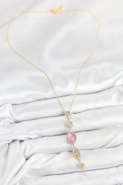 Pirinç Zincir Pembe Gold Renk Zirkon Taşlı Y Kolye