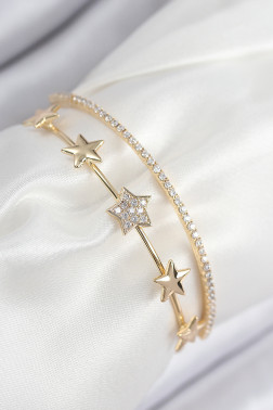 Pirinç Zirkon Taşlı Yıldız Model Gold Renk Kadın Bileklik