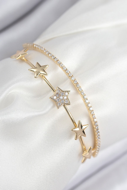 Pirinç Zirkon Taşlı Yıldız Model Gold Renk Kadın Bileklik